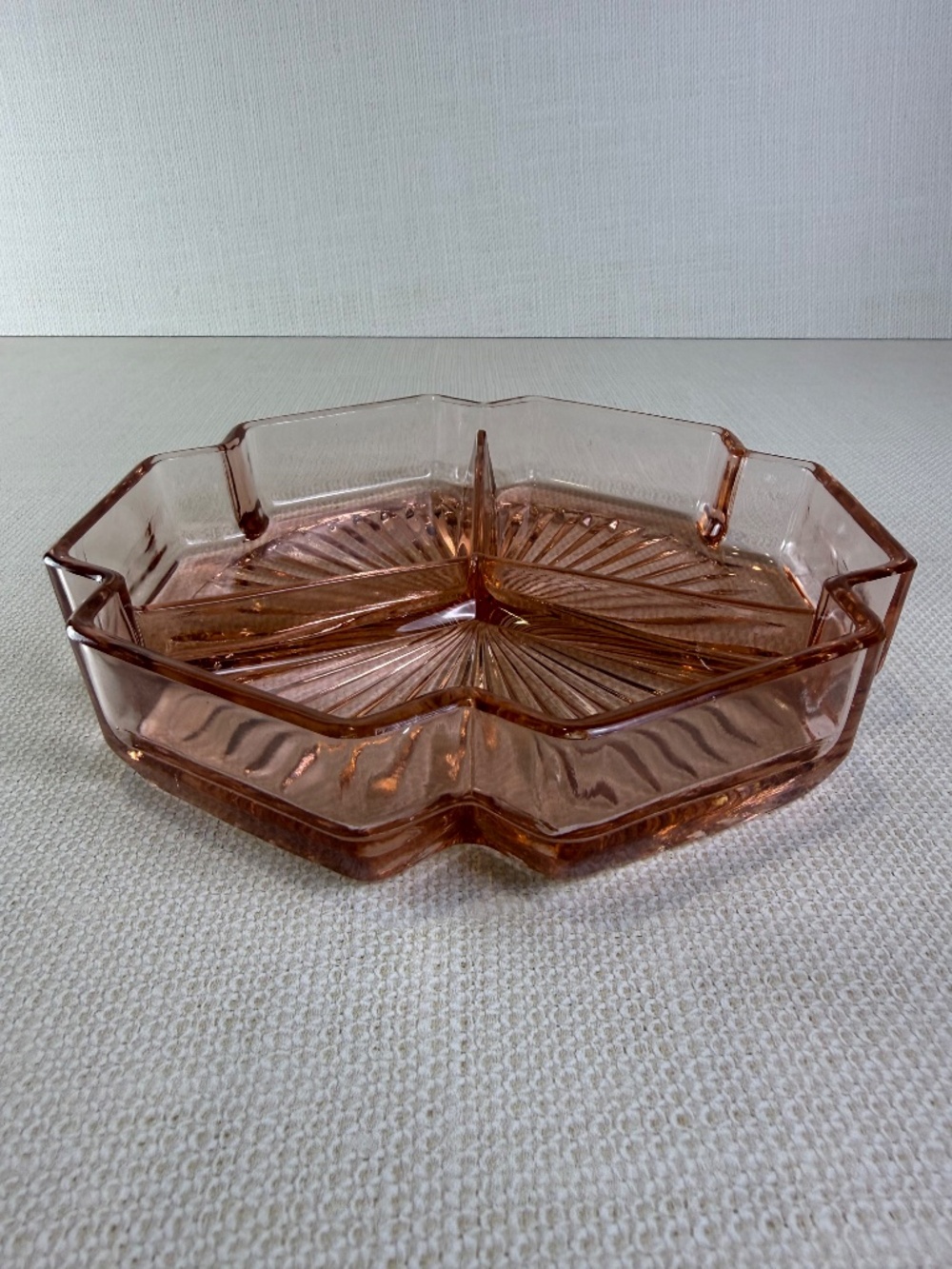Pink Depression Glass 3-Section Divided Relish & Candy Dish — Starburst Pattern - Picture 7 of 10
